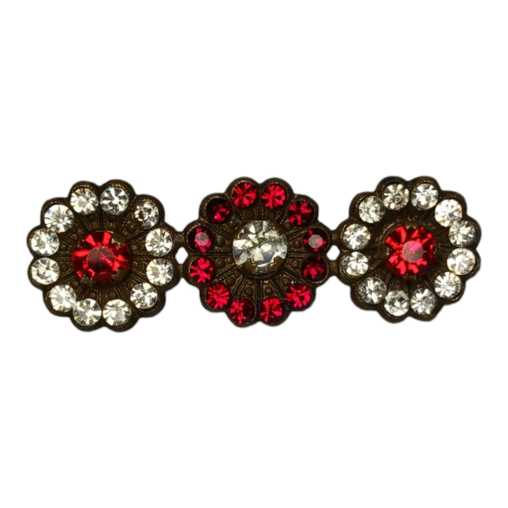 SIGNED CZECHO UNIQUE ANTIQUE C CLASP RED CLEAR GLASS 3 CIRCLE BAR CHEZO BROOCH